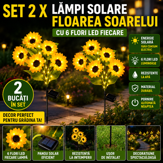 Set 2 X Lampi Solare Floarea Soarelui Cu 6 Flori LED Fiecare, Alimentare Solara, Iluminare Automata, Design Decorativ Pentru Gradina