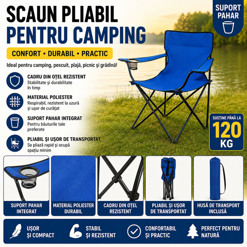 Scaun Pliabil Pentru Camping Cu Cadru Otel Si Material Poliester, Suport Pahar, Usor De Transportat, Design Confortabil Albastru