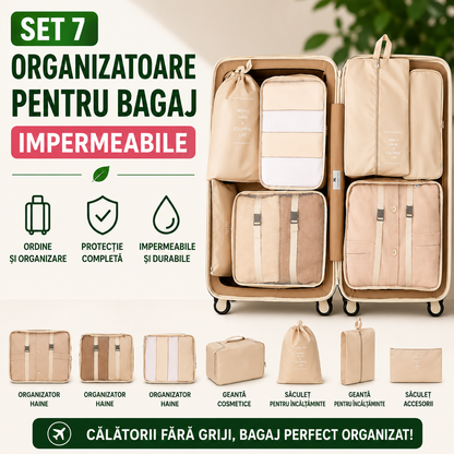 Set 7 Organizatoare Bagaje Impermeabile Diverse Dimensiuni Cu Fermoar Dublu, Material Rezistent, Plasa Respirabila, Diverse Culori
