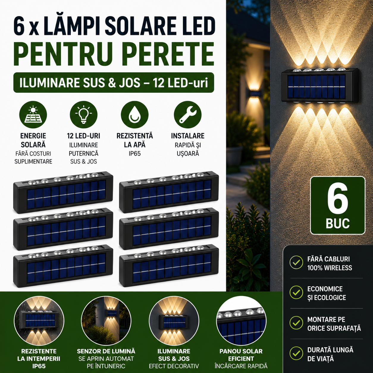 Set 6 x Lampi Solare LED Perete Iluminare Sus Jos 12 LED Rezistente La Apa Alimentare Solara Automata