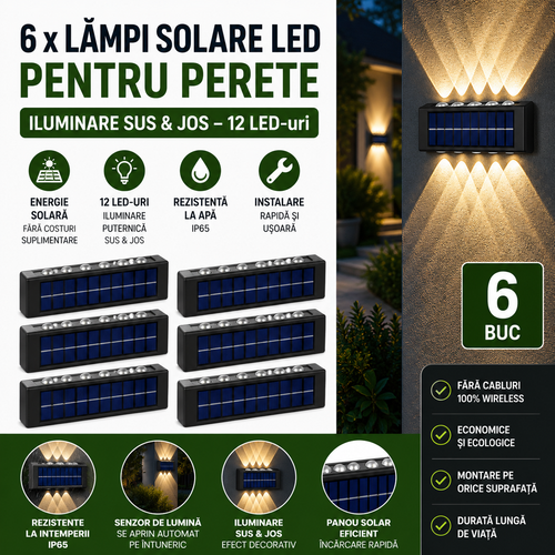 Set 6 x Lampi Solare LED Perete Iluminare Sus Jos 12 LED Rezistente La Apa Alimentare Solara Automata