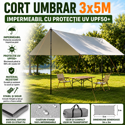 Cort Umbrar 3x5m Impermeabil Cu Protectie UV UPF50+, 2 Stalpi Metalici, Gri