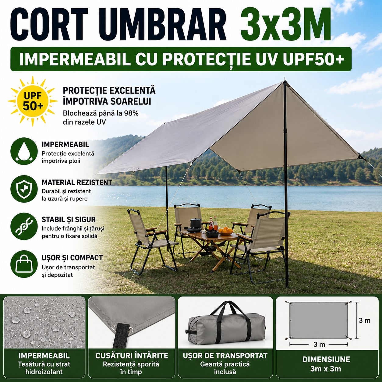 Cort Umbrar 3x3m Impermeabil Cu Protectie UV UPF50+, 2 Stalpi Metalici, Gri