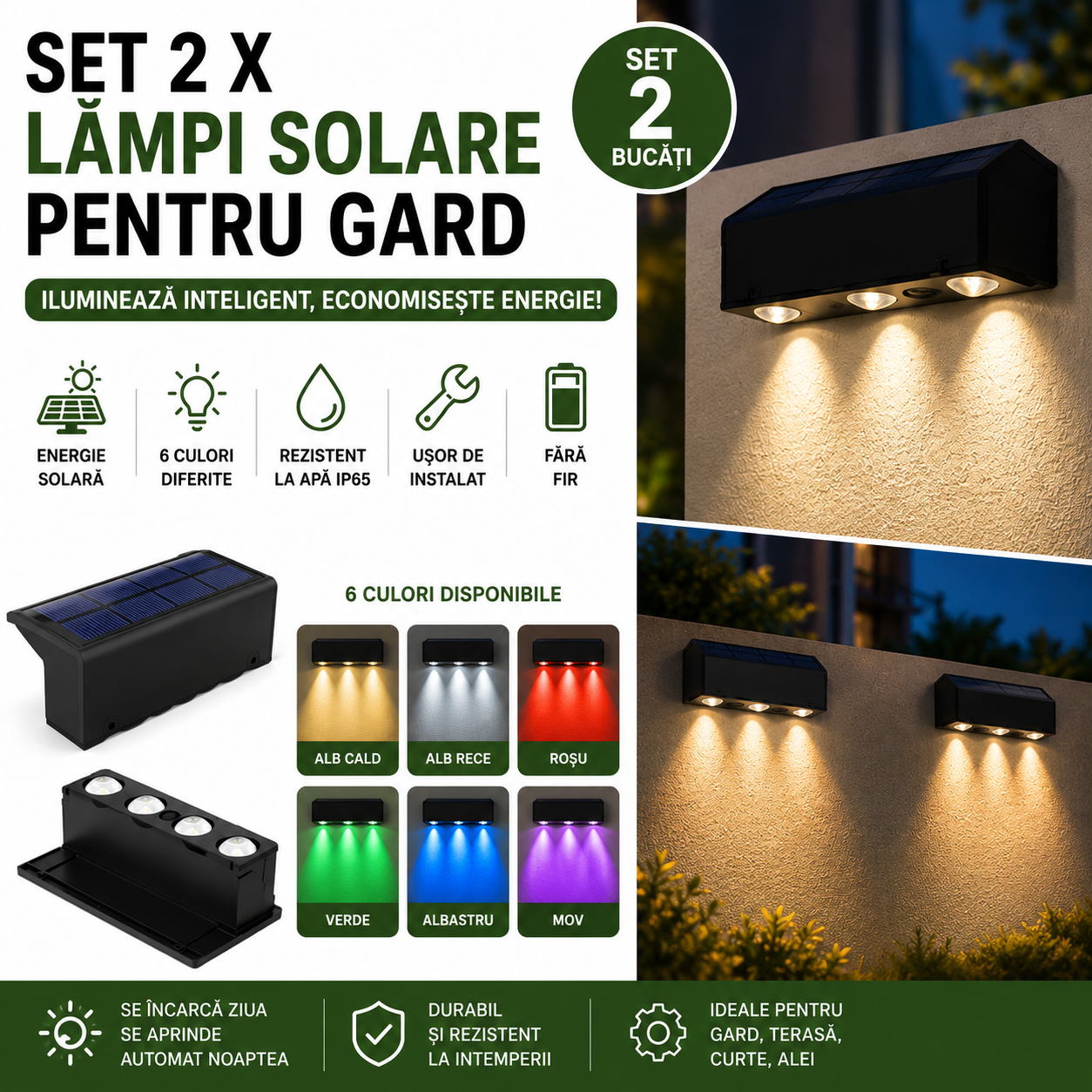 Set 2 x Lampi Solare Gard 6 Culori, Iluminare Automata, Rezistente La Apa