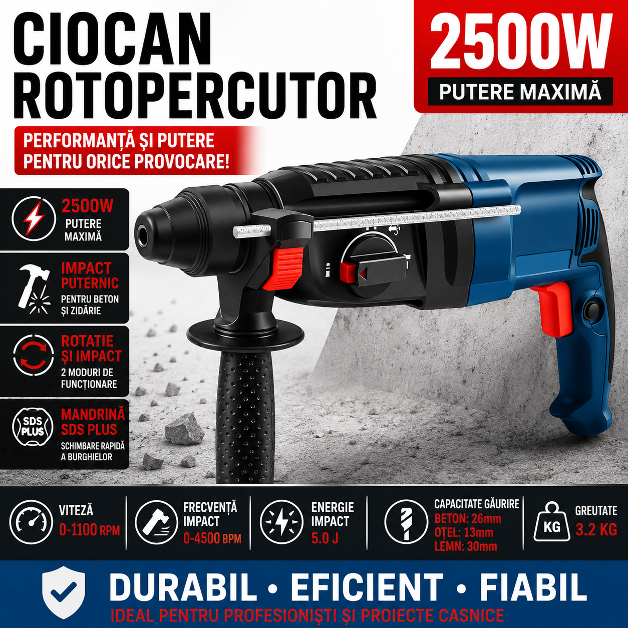 Ciocan Rotopercutor 2500W Cu Impact Si Rotatie, Mandrina SDS Plus, Viteza 1100 RPM, Putere Mare Pentru Beton Si Zidarie