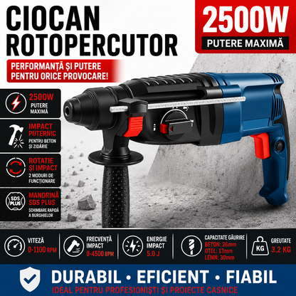 Ciocan Rotopercutor 2500W Cu Impact Si Rotatie, Mandrina SDS Plus, Viteza 1100 RPM, Putere Mare Pentru Beton Si Zidarie