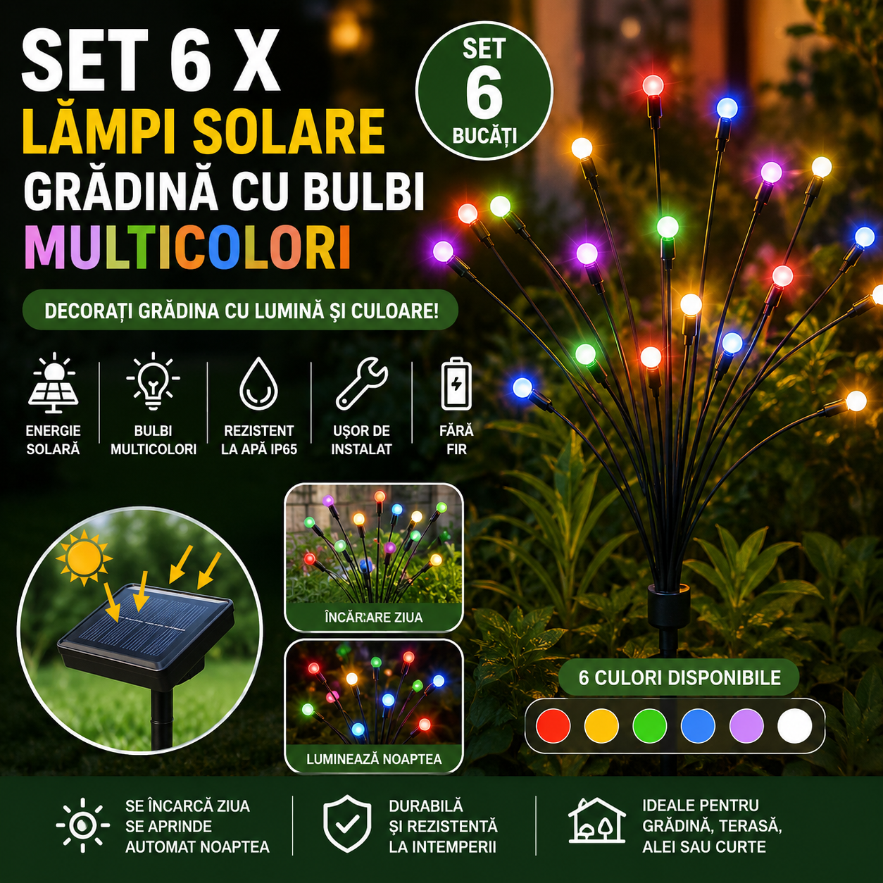 Set 6 x Lampi Solare Gradina Cu Bulbi Multicolori, Iluminare Automata, Rezistente La Apa