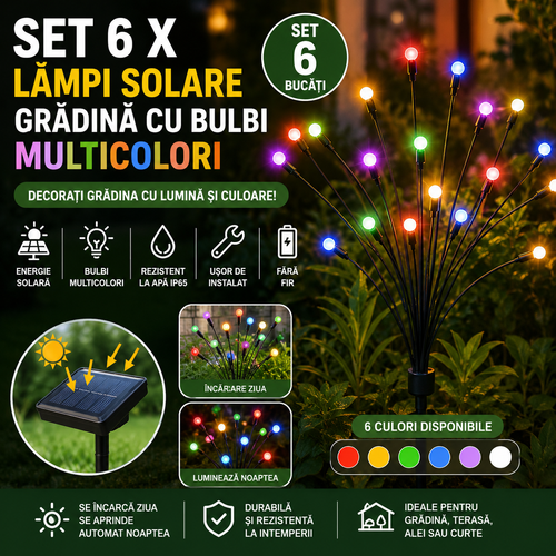 Set 6 x Lampi Solare Gradina Cu Bulbi Multicolori, Iluminare Automata, Rezistente La Apa