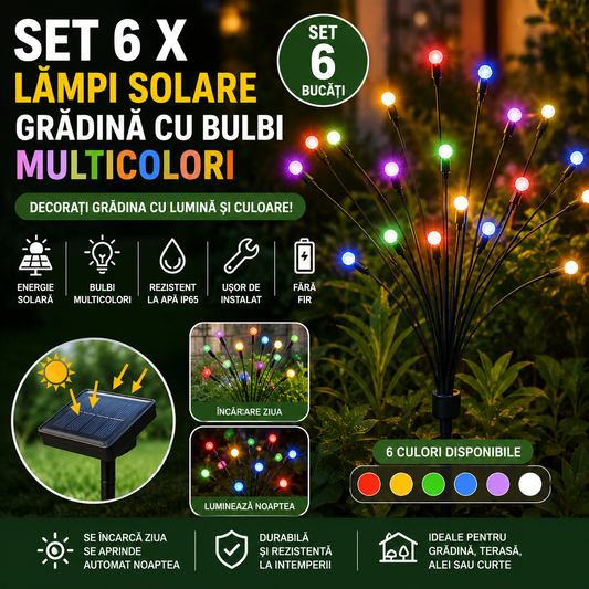 Set 6 x Lampi Solare Gradina Cu Bulbi Multicolori, Iluminare Automata, Rezistente La Apa