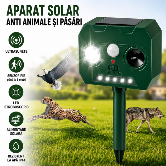 Aparat Solar cu Ultrasunete Anti Animale si Pasari, Senzor PIR, LED Stroboscopic, IP44, 2 Moduri, Montaj Exterior, Verde