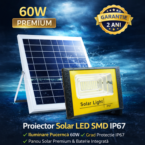 Proiector Solar LED 60W cu Panou Solar Premium, IP67 Rezistent la Apa, Iluminare Puternica Exterior Curte, Gradina, Garaj