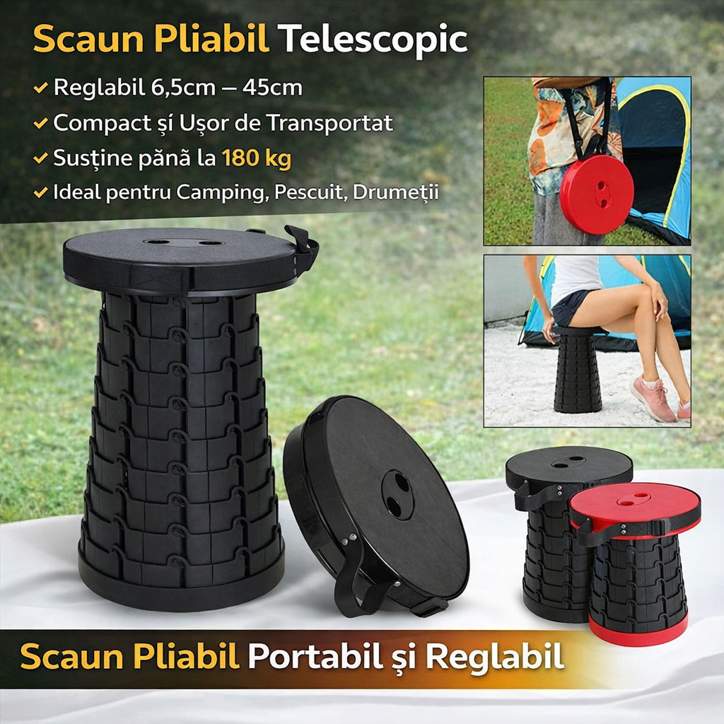 Scaun Pliabil Telescopic Portabil – Reglabil pe Inaltime, Compact si Usor de Transportat, Ideal pentru Camping si Pescuit