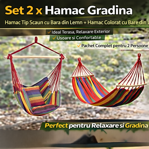 Set 2 x Hamac Gradina – Hamac Tip Scaun cu Bara din Lemn + Hamac Colorat cu Bare din Lemn, Ideal pentru Terasa si Relaxare Exterior