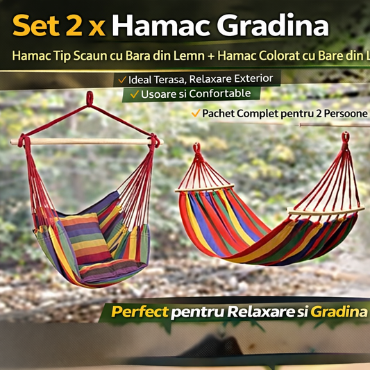 Set 2 x Hamac Gradina – Hamac Tip Scaun cu Bara din Lemn + Hamac Colorat cu Bare din Lemn, Ideal pentru Terasa si Relaxare Exterior
