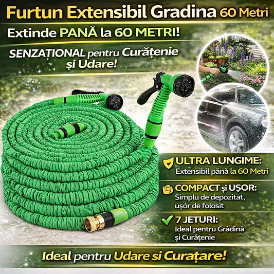 Furtun Extensibil Gradina 60 Metri cu Accesoriu Multifunctional de Stropit – Furtun Elastic pentru Udat, Spalat si Irigat