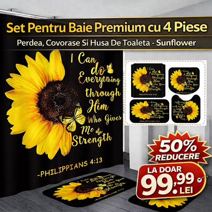 Set Pentru Baie Premium cu 4 Piese: Perdea, Covorase Si Husa De Toaleta - Sunflower