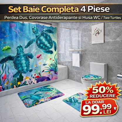 Set Pentru Baie Premium cu 4 Piese: Perdea, Covorase Si Husa De Toaleta - Two Turtles