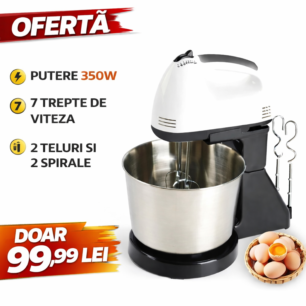 Mixer Electric Multifunctional 350W, Bol Inox, 7 Viteze, Accesorii pentru Framantare si Mixare