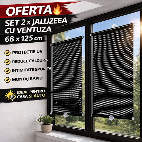 Set 2 x Jaluzea cu ventuza 68 x 125 cm, Protectie UV, Anti Caldura, Usor de Montat, Ideal pentru Casa si Birou