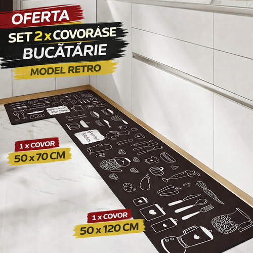 Set 2 x Covor pentru Bucatarie Model Retro, Rezistent, Usor de Curatat, Design Modern