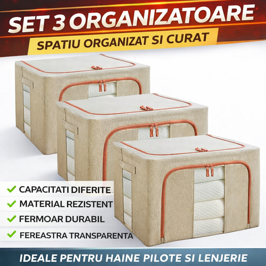 Set 3 x Cutie Pliabila cu Fermoar si Fereastra pentru Depozitare 24L + 66L + 100L, Crem