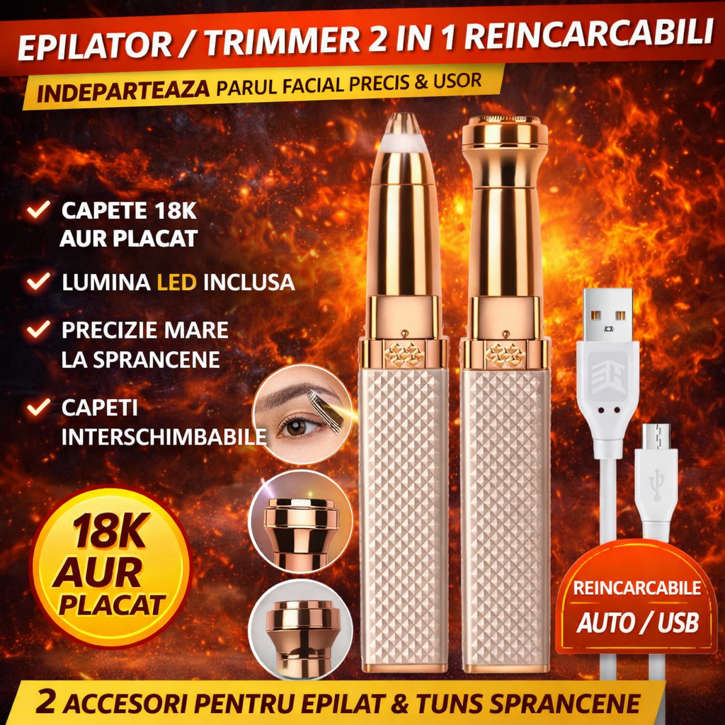 Aparat Electric 2 In 1 Pentru Sprancene Si Par Facial Cu Lumina LED, Reincarcabil USB, Portabil, Fara Durere, Silentios