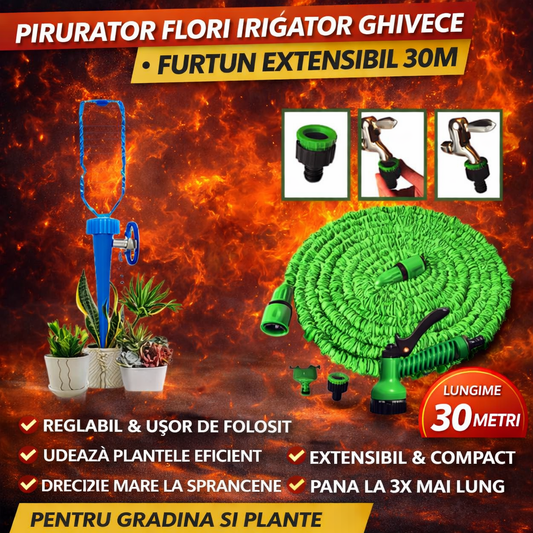 Furtun Extensibil 30 Metri cu Picurator pentru Ghivece – Sistem Udare Automata pentru Gradina si Plante