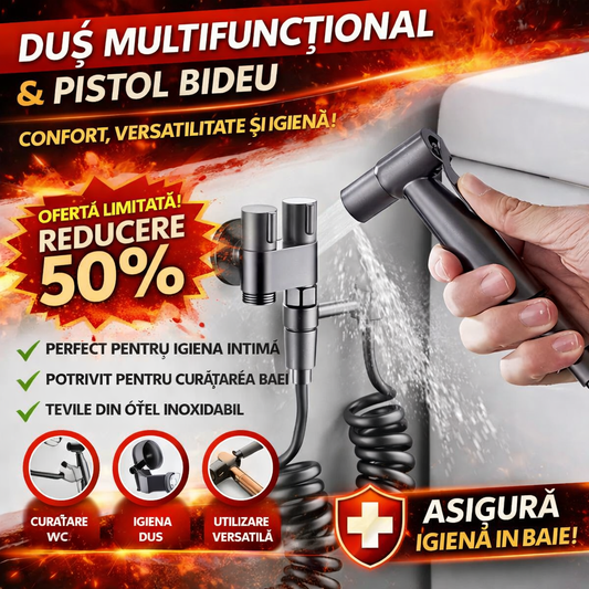 Set Dus Igienic Bideu din Otel Inoxidabil cu Furtun 1.4 m si Control Dublu al Apei, Finisaj Cromat BAS