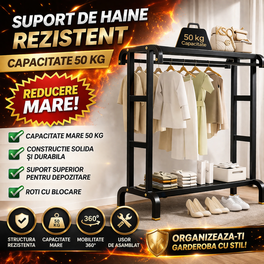 Suport Dublu de Umerase pentru Haine cu Rafturi, Structura Metalica Rezistenta 50 kg, Organizator Haine pentru Dormitor, Hol sau Dressing Modern