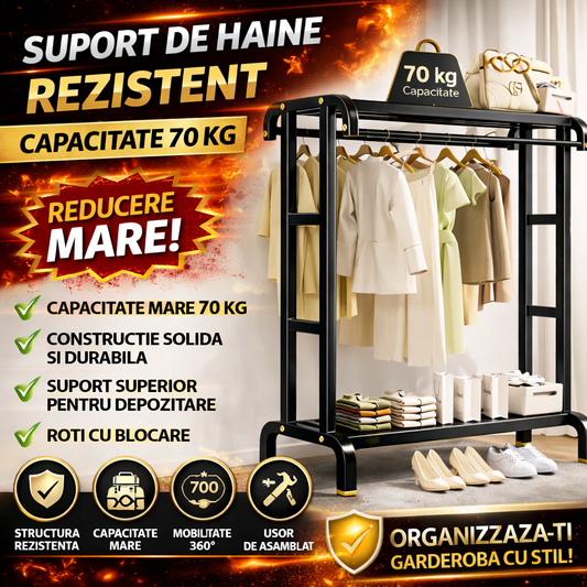 Suport Dublu de Umerase pentru Haine cu Rafturi, Structura Metalica Rezistenta 70 kg, Organizator Haine pentru Dormitor, Hol sau Dressing Modern