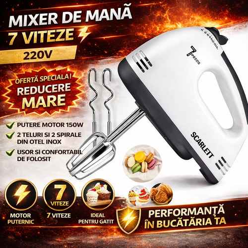 Mixer de Mana 7 Viteze, 220V, 2 Teluri si 2 Spirale, Mixer Electric pentru Aluat, Crema si Prajituri, Usor de Utilizat
