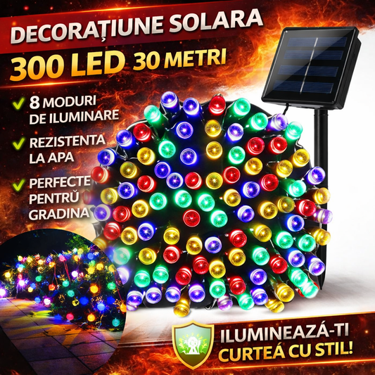 Decoratiune Solara Exterior 30m cu 300 LED Multicolor – Ghirlanda Luminoasa pentru Gradina, Terasa, Curte, IP65