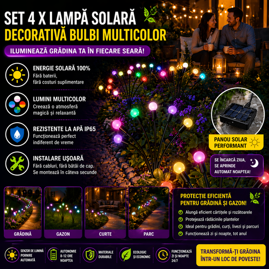 Set 4 x Lampa Solara LED Tip Bulbi Multicolor pentru Gradina, Decor Exterior, Iluminat Solar Gradina, Rezistente la Apa