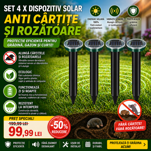 Set 4 x Dispozitiv Solar Anti Cartite si Rozatoare – Aparat cu Vibratii pentru Protectie Gradina si Gazon
