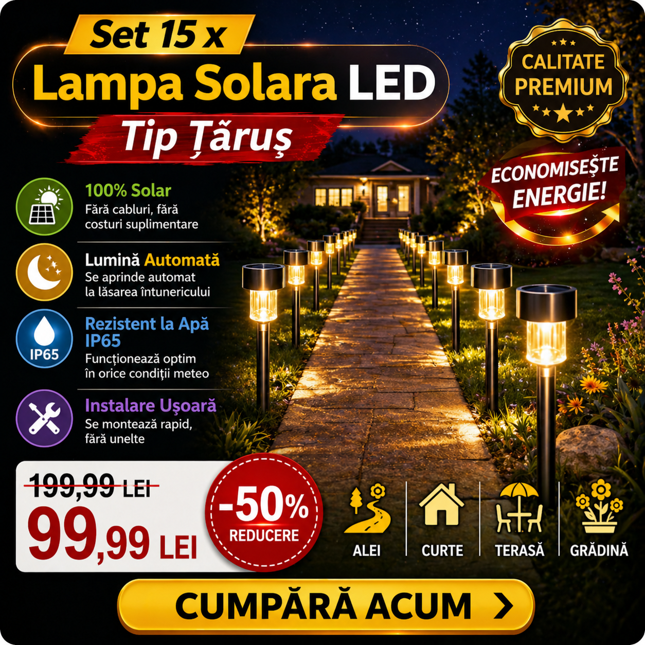 Set 15 x Lampa Solara LED Tip Tarus pentru Gradina, Iluminat Exterior Alei Curte Terasa, Lumina Automata Noaptea, Rezistente la Apa IP65