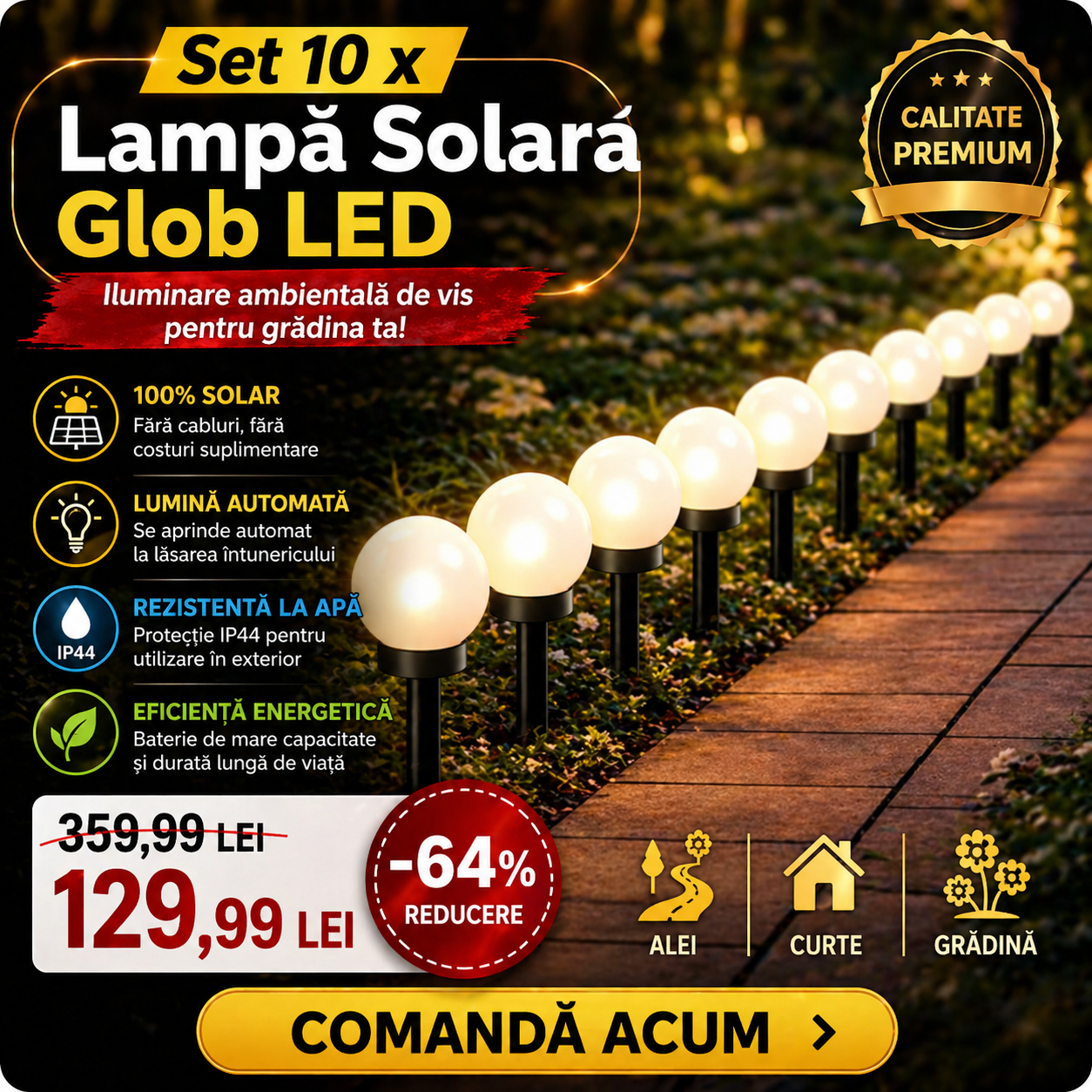 Set 10 x Lampa Solara Gradina Glob, Rezistenta IP44, Iluminare Ambientala Exterior, Ideala pentru Alei, Curte si Gradina