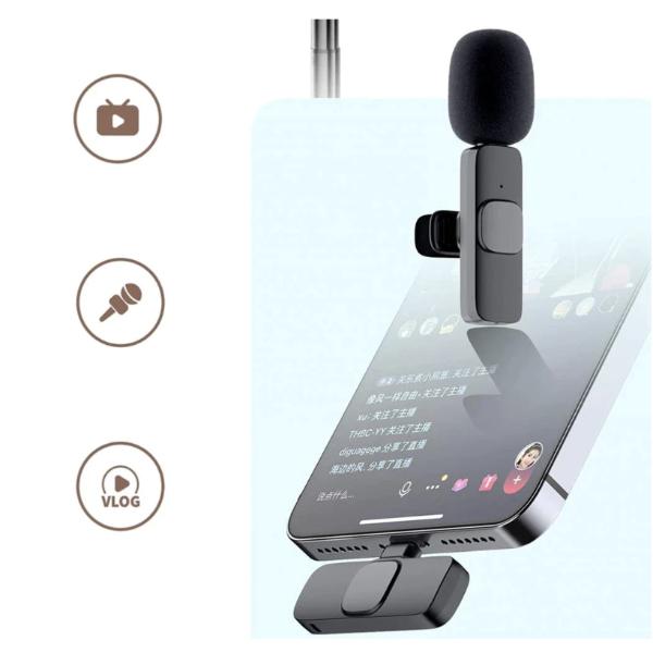 Microfon Wireless K9 Tip Lavaliera, Fara Fir, Conector USB Tip C/iPhone,Portabil, Negru