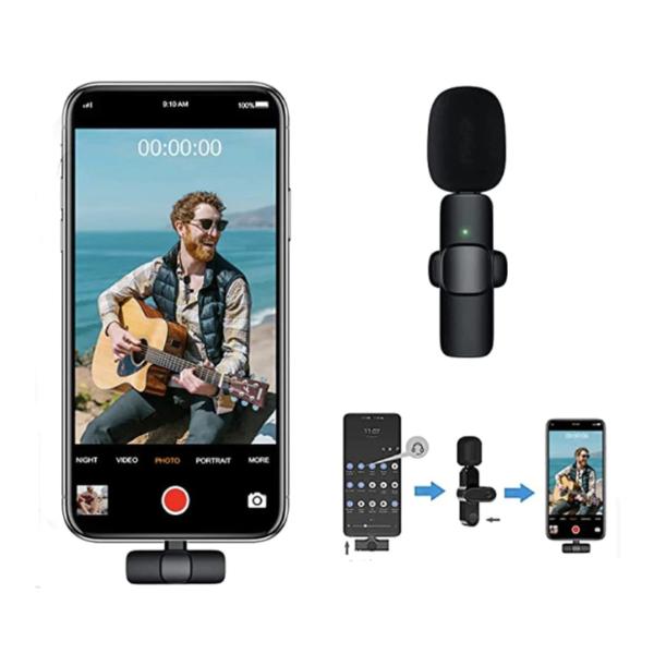 Microfon Wireless K9 Tip Lavaliera, Fara Fir, Conector USB Tip C/iPhone,Portabil, Negru