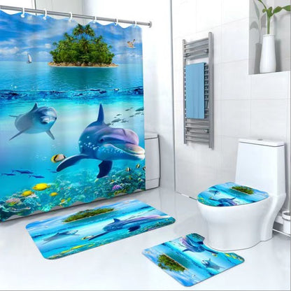 Set Pentru Baie Premium cu 4 Piese: Perdea, Covorase Si Husa De Toaleta - Two Dolphins