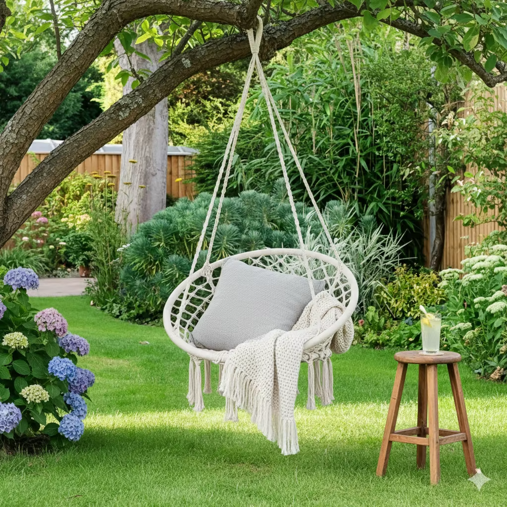 Scaun Suspendat Rotund Tip Hamac 80 cm cu Franjuri – Ideal pentru Balcon, Gradina, Foisor si Zona de Relaxare