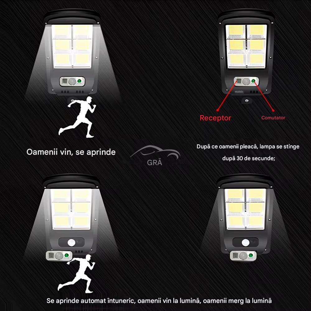 Set 4 x Proiector Solar 6 Celule LED cu Senzor de Miscare, Iluminat Exterior Gradina Curte Alee, Incarcare Solara, Rezistenta la Apa
