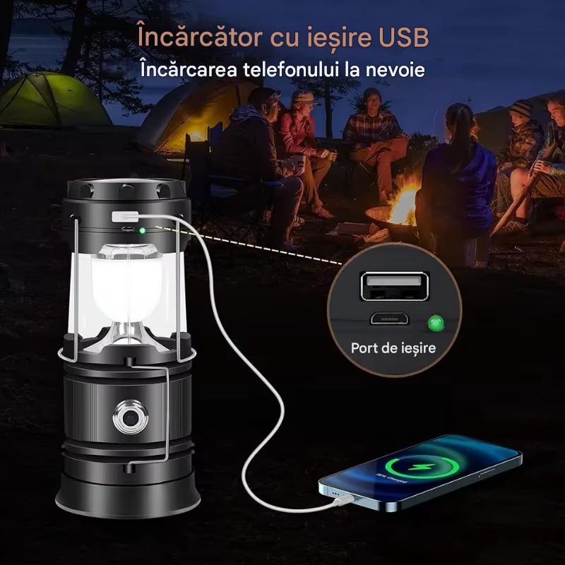Felinar Camping Multifunctional  cu Panou Solar, USB, Lanterna si Power Bank pentru Exterior si Urgente