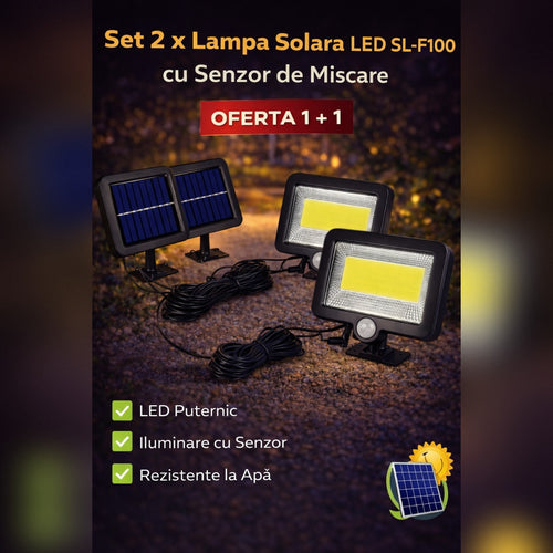 Set 2 x Proiector Solar LED SL-F100 cu Senzor de Miscare, Panou Solar Extern, Lumina Puternica COB