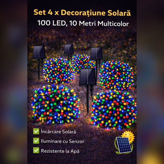 Set 4 x  Decoratiune Solara 100 LED, 10 Metri Multicolor – Iluminat Decorativ Exterior cu Panou Solar, Rezistente la Intemperii