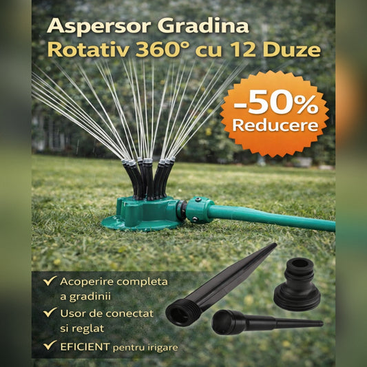 Aspersor Gradina Rotativ 360° cu 12 Duze – Sistem Automat de Irigare pentru Gazon si Curte