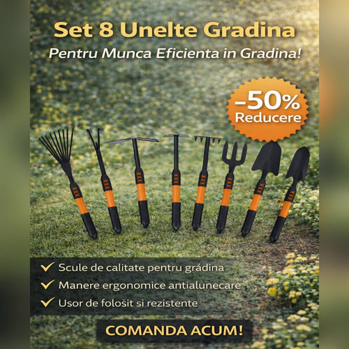 Set 8 Unelte Gradina cu Maner Ergonomic – Lopata, Grebla, Sapa si Accesorii pentru Plantare si Intretinere