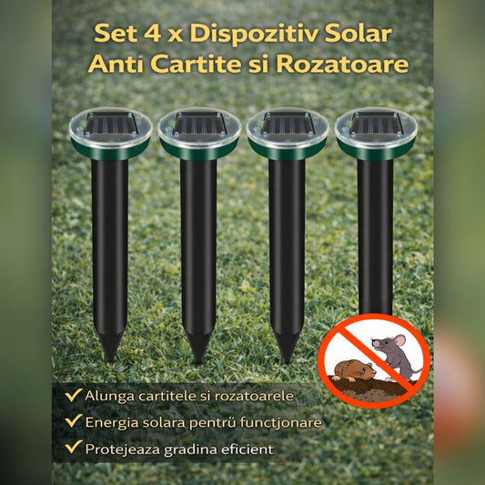 Set 4 x Dispozitiv Solar Anti Cartite si Rozatoare – Aparat cu Vibratii pentru Protectie Gradina si Gazon