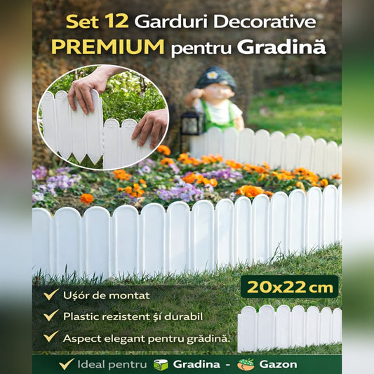 Set 12 Garduri Decorative Premium pentru Gradina, 20x22 cm, Alb Elegant, Lungime Totala 2.4 m, Rezistente la Intemperii