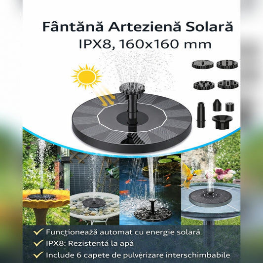 Fantana Arteziena Solara IPX8, 160x160 mm – Pompa Apa cu Panou Solar pentru Gradina, Iaz si Decor Exterior