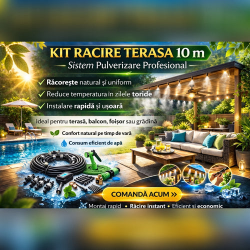 Kit Racire Terasa 10 m cu Sistem Pulverizare – Instalatie Racire Aer pentru Gradina, Balcon si Foișor
